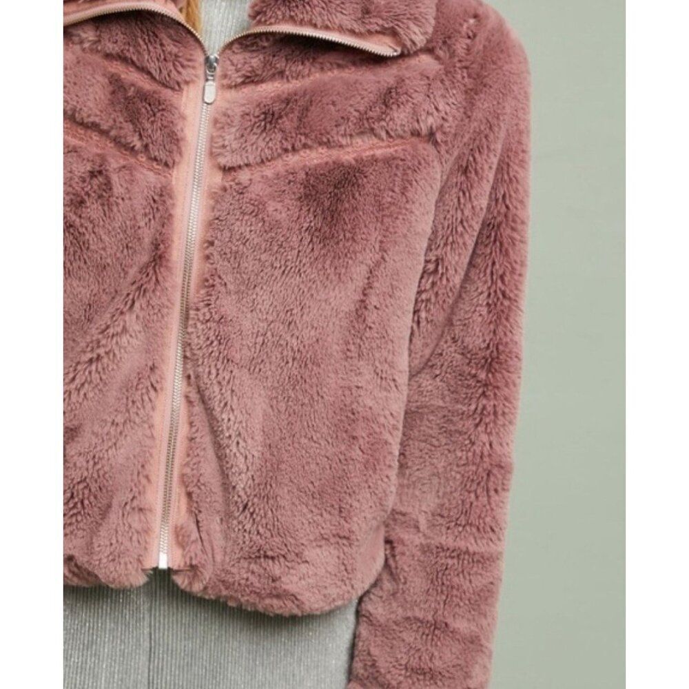 Anthropologie Faux Fur Lace Chevron Bomber dusty mauve Pink Long Sleeve Jacket S - Picture 6 of 9